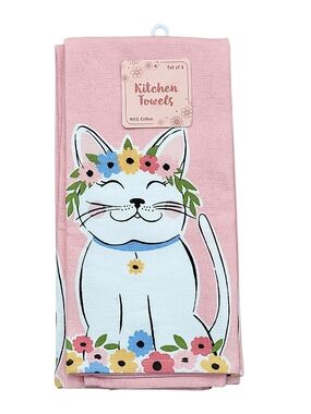 Pink Floral Cat Kitchen Towels Set Of Two - Cute Cotton Kitchen Towels 26" x 18"